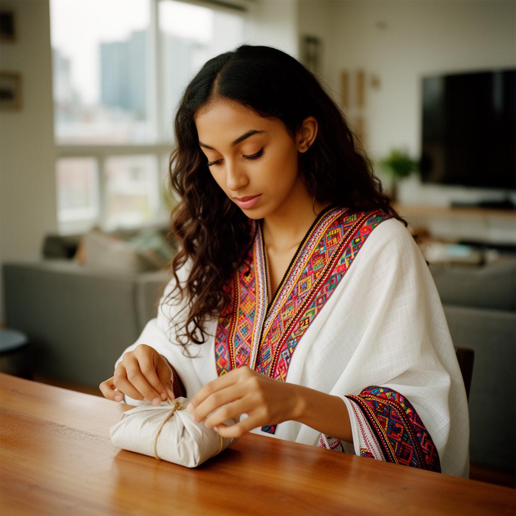 A sender preparing a small package at home